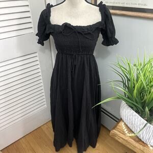 R Yiposha Dress Womens Small Black Swiss Dot Midi Milkmaid Smocked Boho Chic